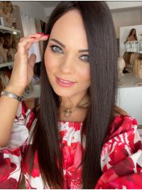 22 Inch Brown Straight Human Hair Female Wigs – No Bangs