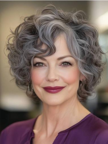 Short Grey Curly Bob Wig 8" Synthetic Wig For Older Women