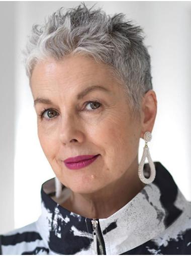 Grey Straight Boycut Wig – Cropped Style, Real Hair, Monofilament Construction