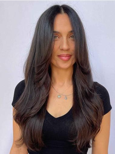 Long Black Women Wig – 20" Layered Straight Synthetic Hair