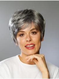 High Quality Short Straight Grey Boycut Wig Synthetic Lace Front Cap