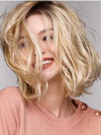 Monofilament 12" Chin Length Wavy Blonde Bob Synthetic Wig