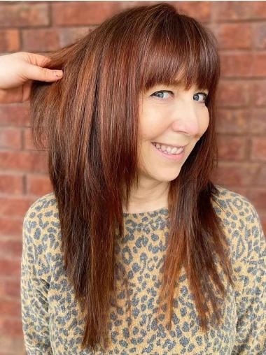 Long 16” Auburn Wig – Straight, Human Hair, Monofilament, with Bangs