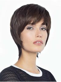Short Brown 8" Layered Human Hair Wig – Monofilament Elegant Look