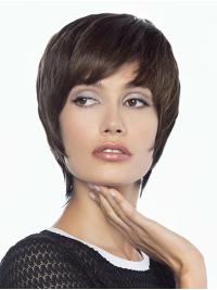 Short Brown 8" Layered Human Hair Wig – Monofilament Elegant Look