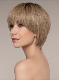 Short Blonde Wig with Bangs – Straight Style, Hand-Tied Human Hair