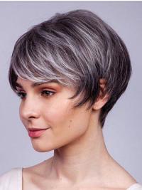 Short 6" Straight Grey Remy Human Hair Wigs for Women