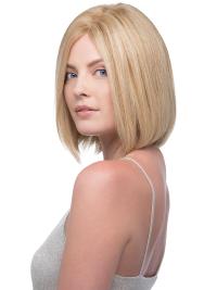 Blonde 12-Inch Straight Chin-Length Hand-Tied Human Hair Wig No Bangs