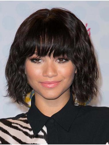 12" Durable Black Wavy Bob Human Hair Wig – Chin Length Inspired