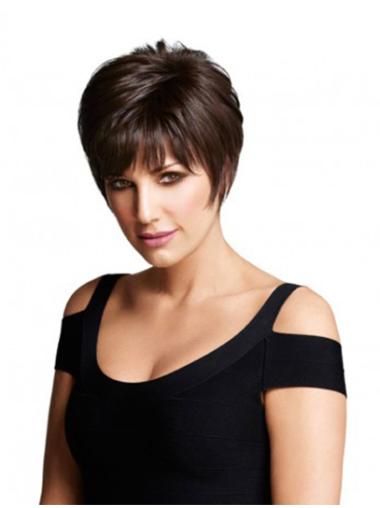 Lightweight Auburn Straight Layered Human Hair Wigs Short