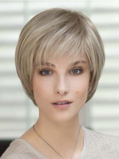 Natural Short Blonde Wig with Bangs – 100% Hand-Tied Human Hair