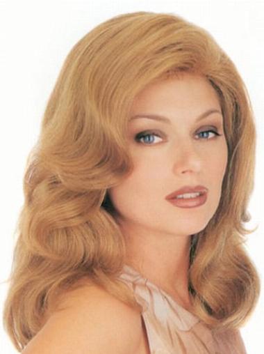 16" Blonde Layered Wavy Wig – 100% Human Hair, Long Style