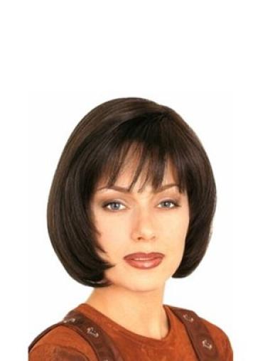 Stylish Brown Chin Length Human Hair Wig – Straight with Bangs