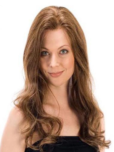 Long Wavy Brown Human Hair Wig – Hand Tied, Without Bangs