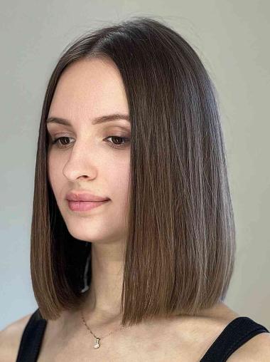 Human Hair Lace Front Wig – 12" Straight Brown, Shoulder Length Without Bangs