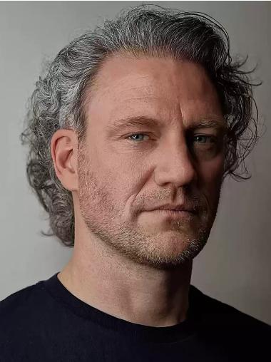 Grey Wavy Monofilament Wig for Men No Bangs Style