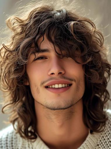 Men’s 14" Curly Remy Human Hair Lace Front Wigs with Bangs