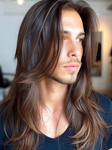 Men's Long Hair Brown Wavy Wig - Remy Human Hair