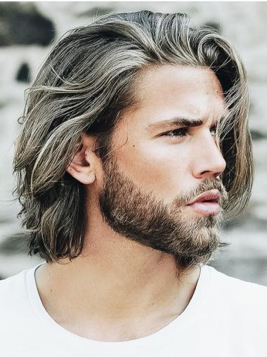 Men’s Grey Wavy Lace Front Wig Chin Length Hairpiece