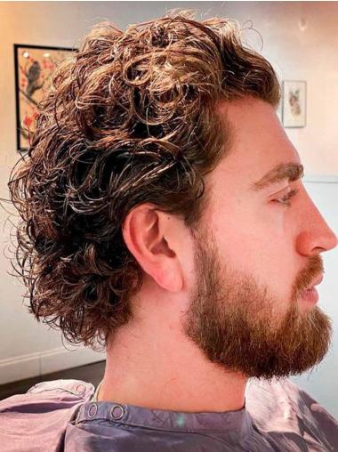 Human Hair Brown Curly Men Wig 8" Monofilament Style