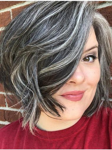 Grey Remy Human Hair Bob Wig – 10" Chin-Length, Wavy, Monofilament Design