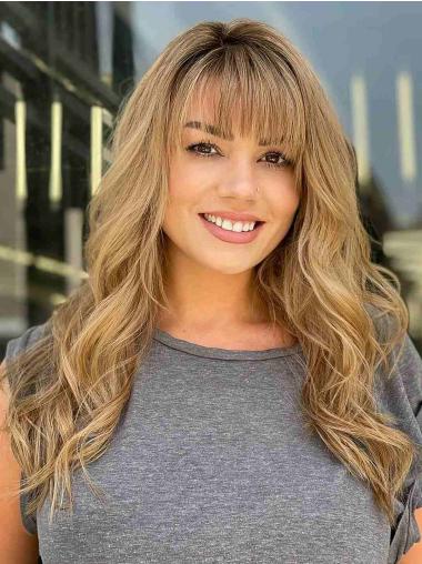 Long 16" Blonde Wavy Synthetic Lace Front Wig with Bangs