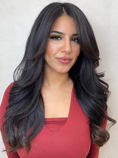 Black Synthetic Wig 18 Inch Long Wavy Layered For Women