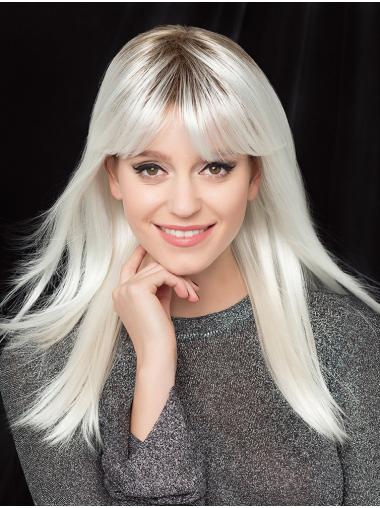 16" Platinum Blonde Straight Synthetic Wig Capless with Bangs