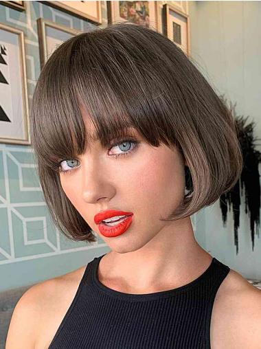 Short 8" Brown Wavy Bob Wig Monofilament Synthetic Hair