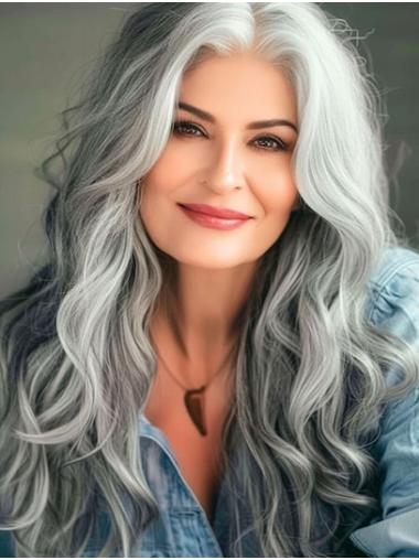 Long Wavy Grey Lace Wig – Monofilament, Synthetic Hair for Natural Look