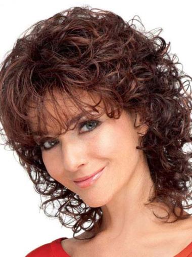Mid-Length Auburn Curly Synthetic Wig with Bangs - Classic Style