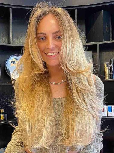 24" Long Blonde Wavy Wig - Women Layered Synthetic Style