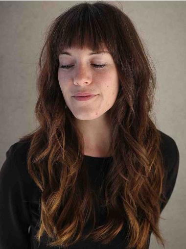 Long Auburn Wavy Lace Front Wig with Bangs - 18" Length
