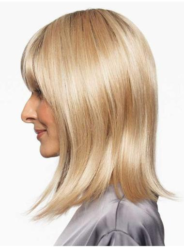Medium Straight Layered Blonde Wig – Monofilament, Synthetic for Women