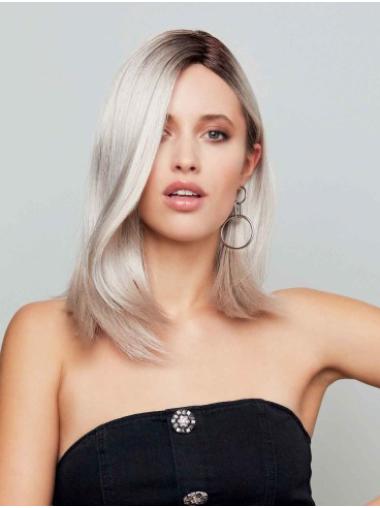 Shoulder Length Grey Wig Straight Synthetic Monofilament Design