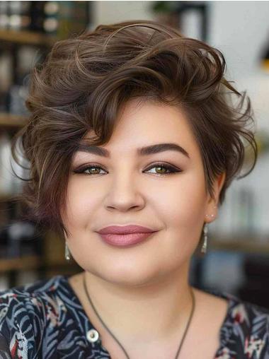 Brown Wavy 8" Boycut Human Hair Wig with Monofilament Cap