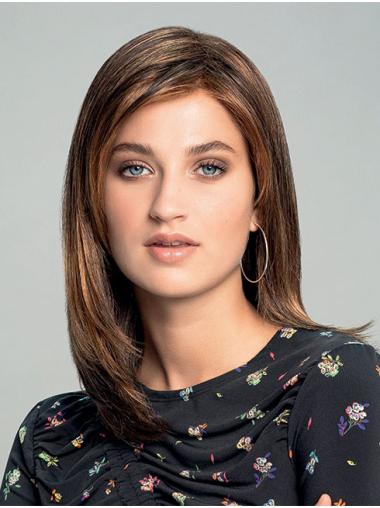 Straight Brown Shoulder Length Synthetic Lace Wig – No Bangs, Natural Look