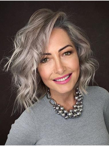 Trendy 14" Grey Wavy Lace Front Synthetic Wig – Shoulder Length, Layered Style for Women