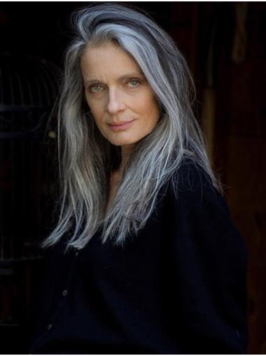 Grey Lace Front Wig – 16” Straight Human Hair Without Bangs