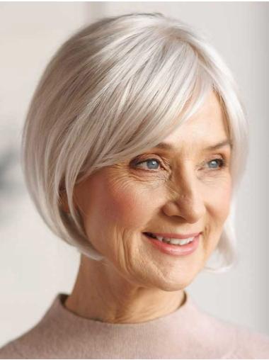 Chin-Length White Bob Wig – 100% Hand-Tied Synthetic, Straight Style