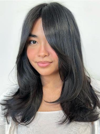 Black Remy Human Hair Wig – 16” Straight, Monofilament, Without Bangs