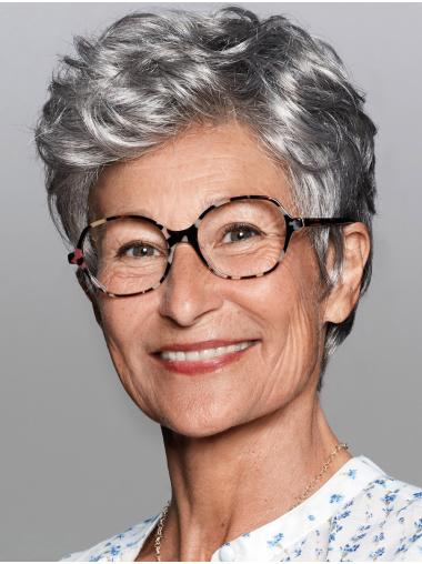 Grey Wavy Wig – Salt and Pepper Look, 100% Hand-Tied for Party Wear