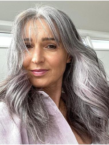 Remy Human Hair Wig – 16” Wavy Grey, Lace Front, Long Style with Bangs