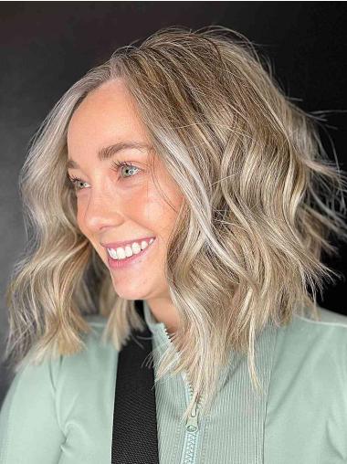 Platinum Blonde Wavy Wig – 12" Remy Hair, Monofilament Cap, Bang-Free Style