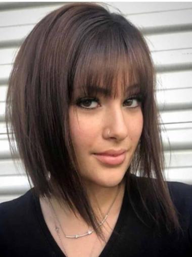 Brown Lace Front Wig – 12” Straight Human Hair, Shoulder Length with Bangs