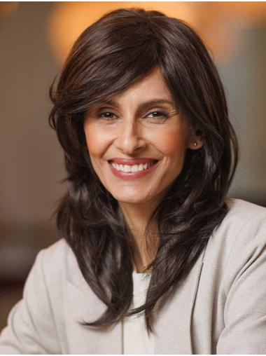 Long Brown Wavy Wig – Layered Synthetic Hair with Monofilament Top