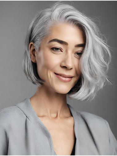 Chin-Length Grey Wavy Bob Wig