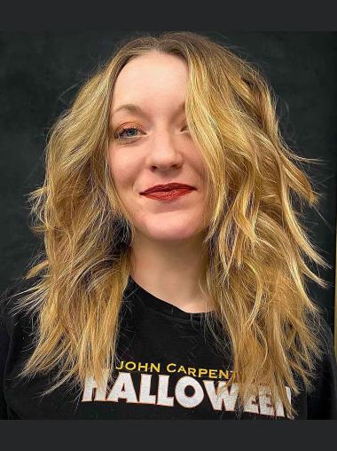 Long 16” Blonde Wavy Wig – Remy Human Hair, Monofilament, No Bangs