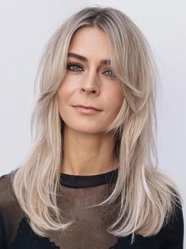 Long 16" Platinum Blonde Wig – Straight, Layered, Monofilament Human Hair