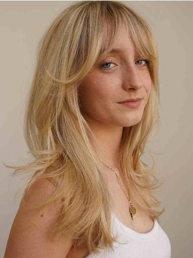 Remy Human Hair Wig – 16" Straight Blonde with Bangs, Monofilament Cap